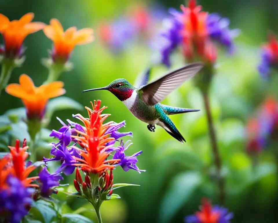 A hummingbird  sucking nectar from flowers in a backyard setting.