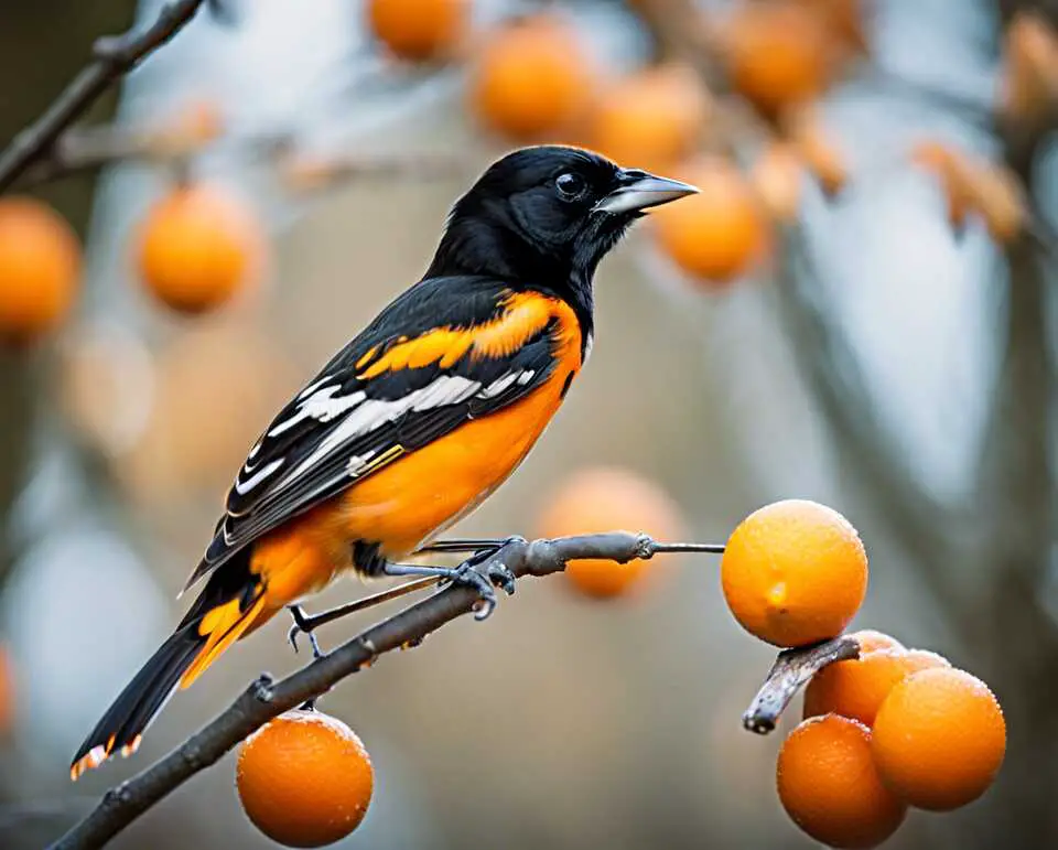 A Baltimore Oriole perched in a tree..