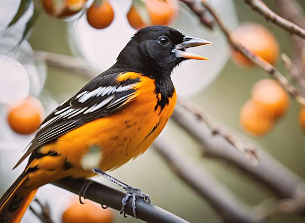 A Baltimore Oriole perched on a branch. tree.