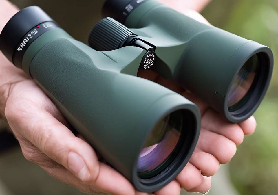 A pair of binoculars in a persons hand.