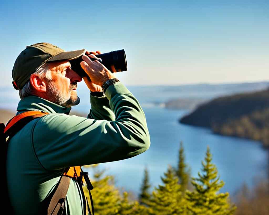 A birdwatcher looking at a bird with his binoculars.