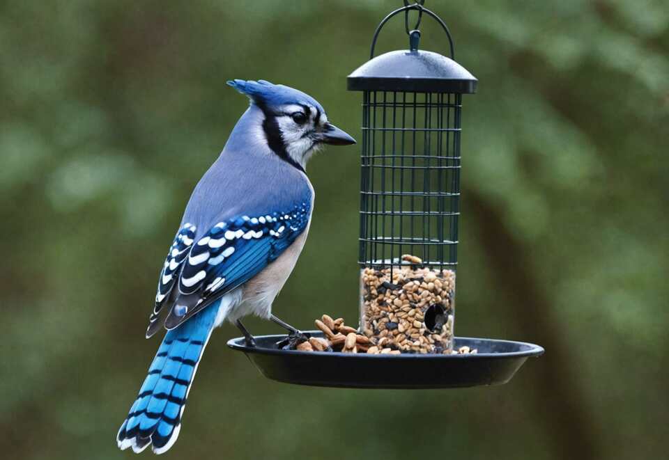 A Blue Jay perched on the side of a bird feeder.