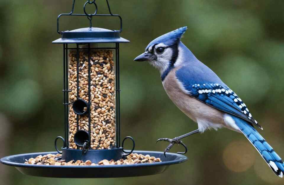 A blue jay perched on a feeder.
