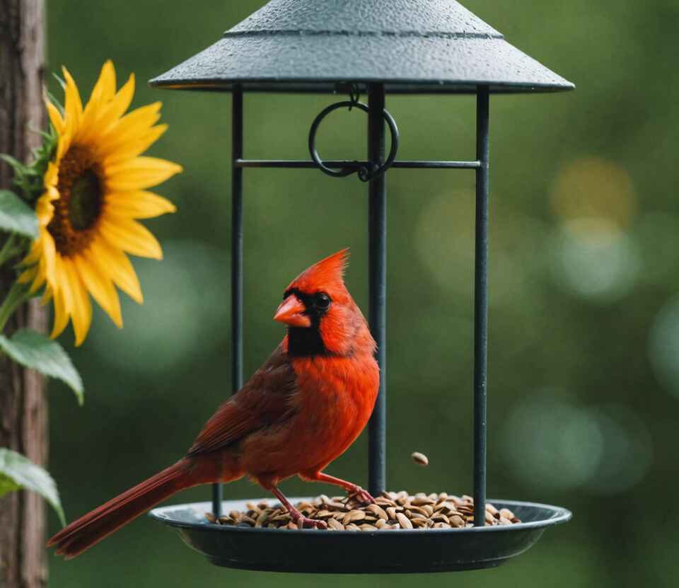 A Northern Cardinal eating sunflower seeds.
