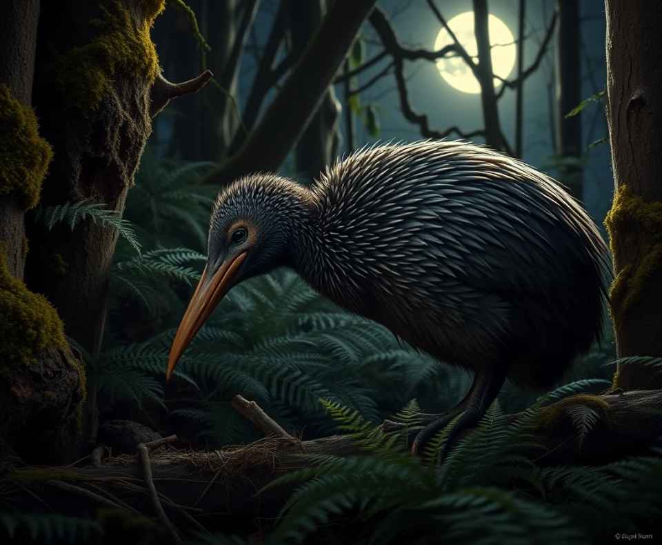 A Common Kiwi foraging at nightfall.