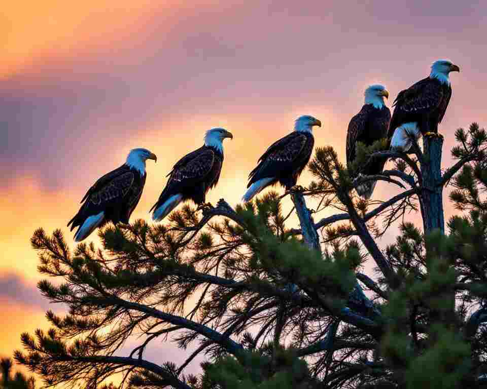 A group of eagles perched in a tree.