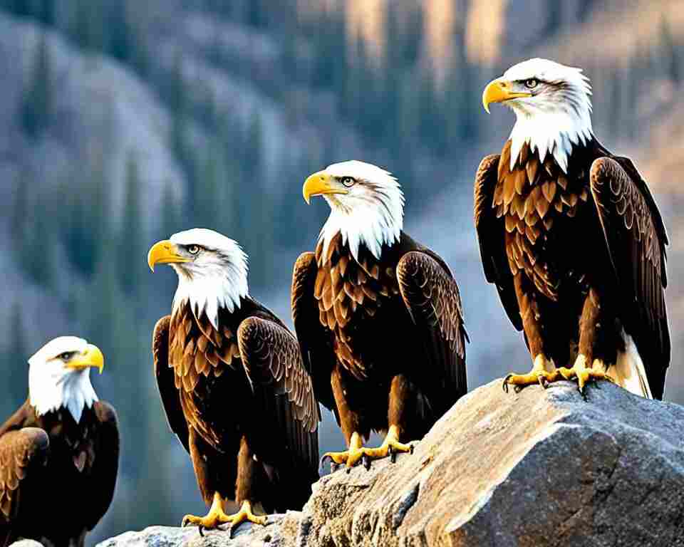 A group of eagles perched on a large rock.