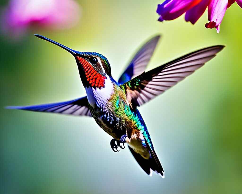 A hummingbird hovers over a flower