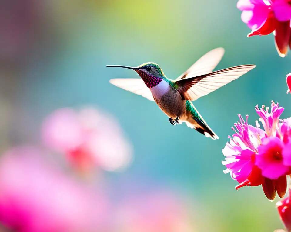 A hummingbird flying around flowers, searching for nectar.