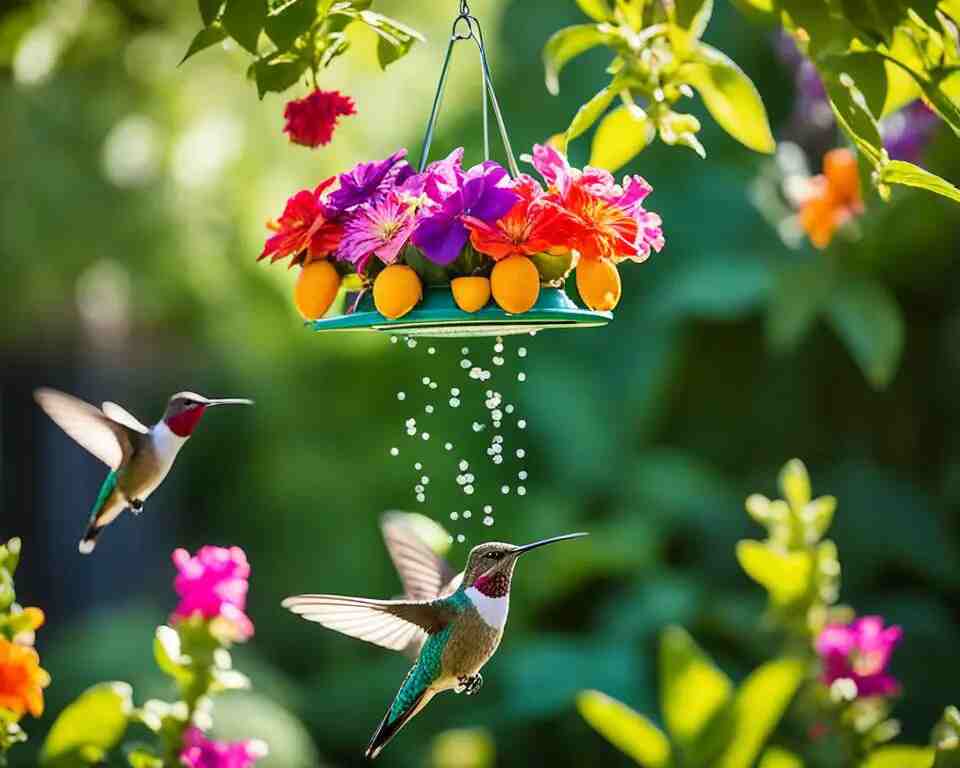  A group of hummingbirds are fluttering around the feeder, their iridescent feathers shining in the sunlight as they take turns sipping sweet nectar.
