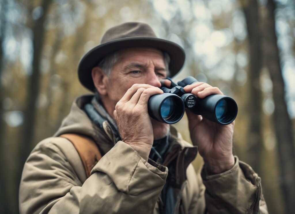 An older man birdwatching with binoculars.