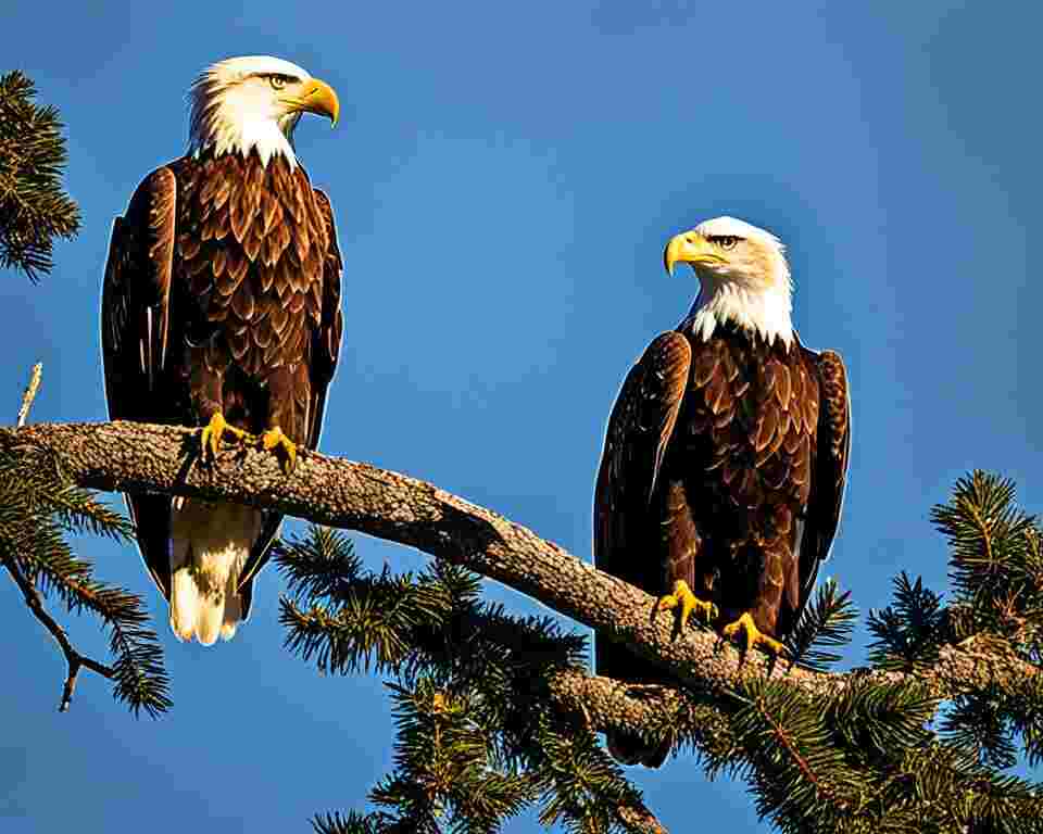 A pair of bald eagles perched in a tree.