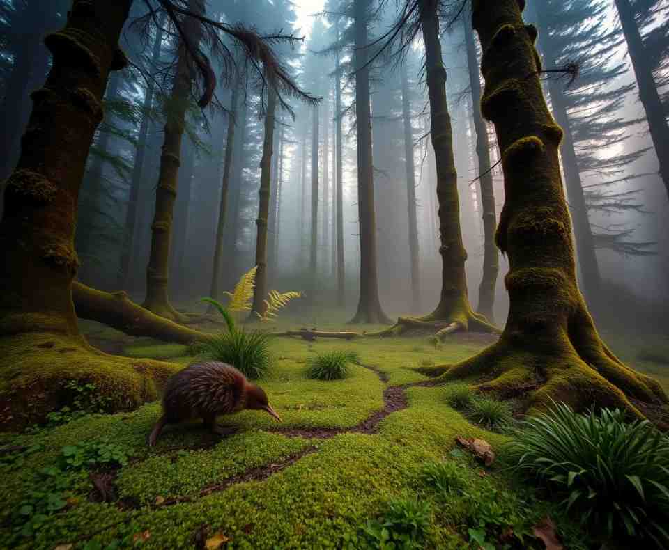 A kiwi bird walking along the forest floor.