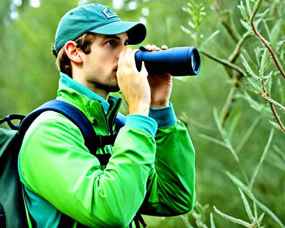 A young birder birdwatching wth monoculars.
