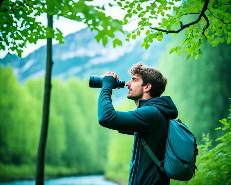 A birdwatcher looking at birds with his binoculars.