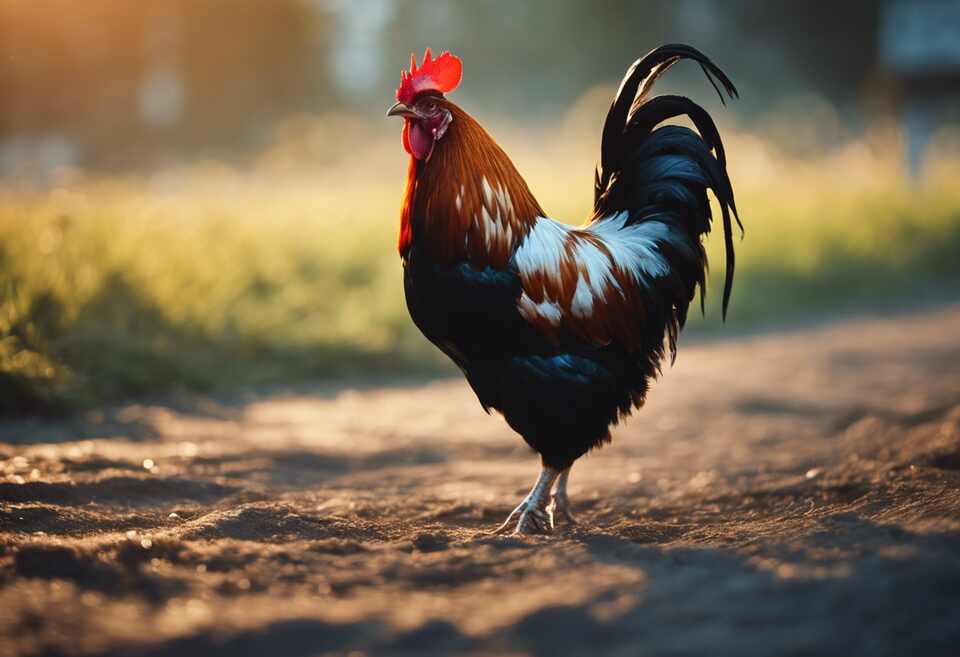 A vibrant rooster with its head lifted and beak slightly open, ready to announce the dawn with its crow.
