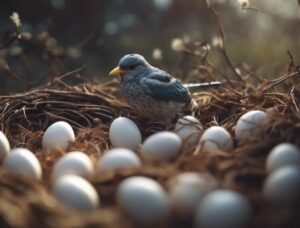 A bird on the ground with a bunch of eggs scattered around it.