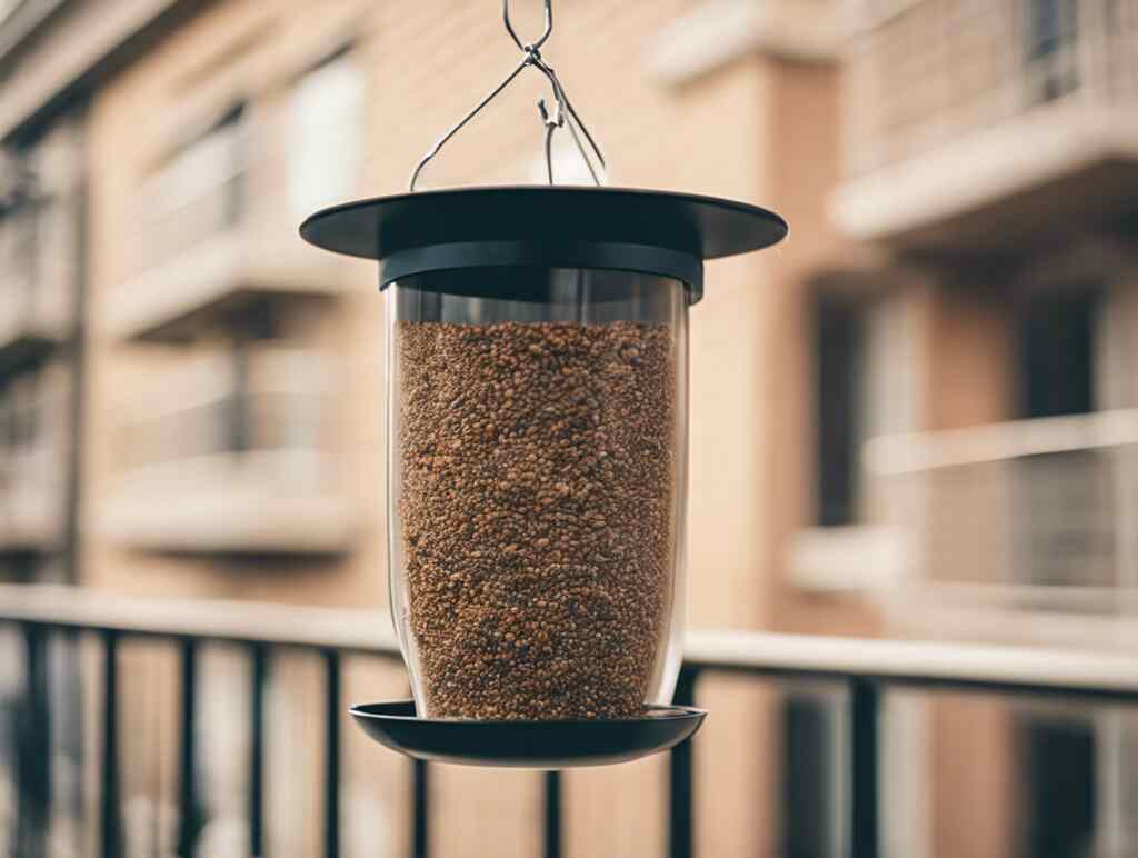 A bird feeder hanging on an apartment balcony.