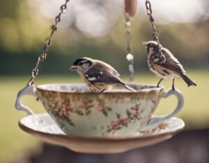 A pair of birds perched onto the side of a teacup bird feeder.