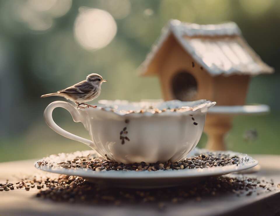 A bird perched onto the side of a teacup bird feeder.