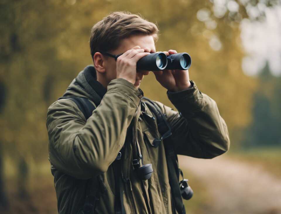 A young man birdwatching with waterproof binoculars.
