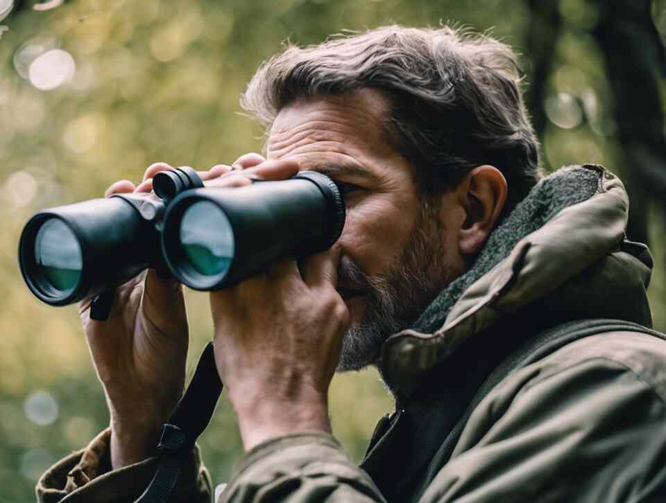A person watching birds with waterproof binoculars.