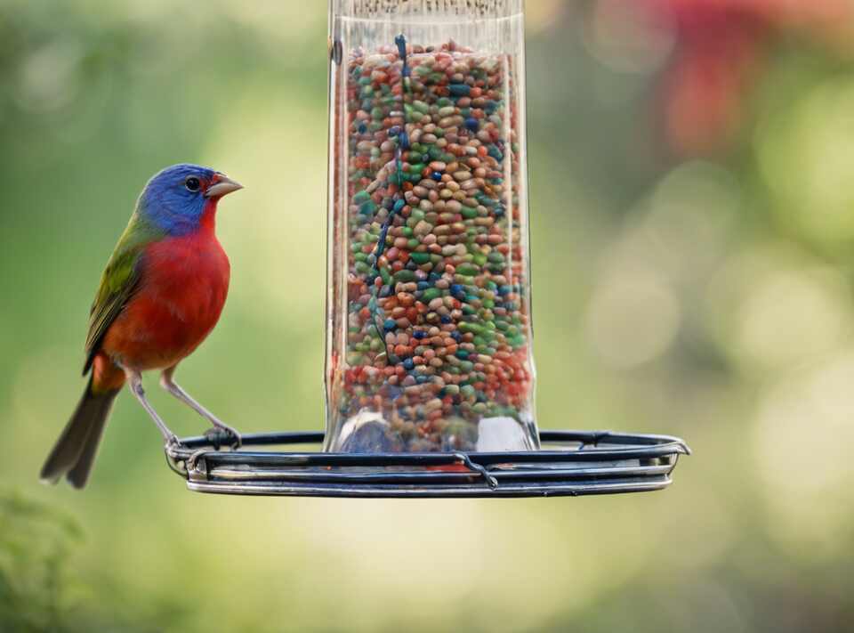 A Painted Bunting visits a bird feeder.