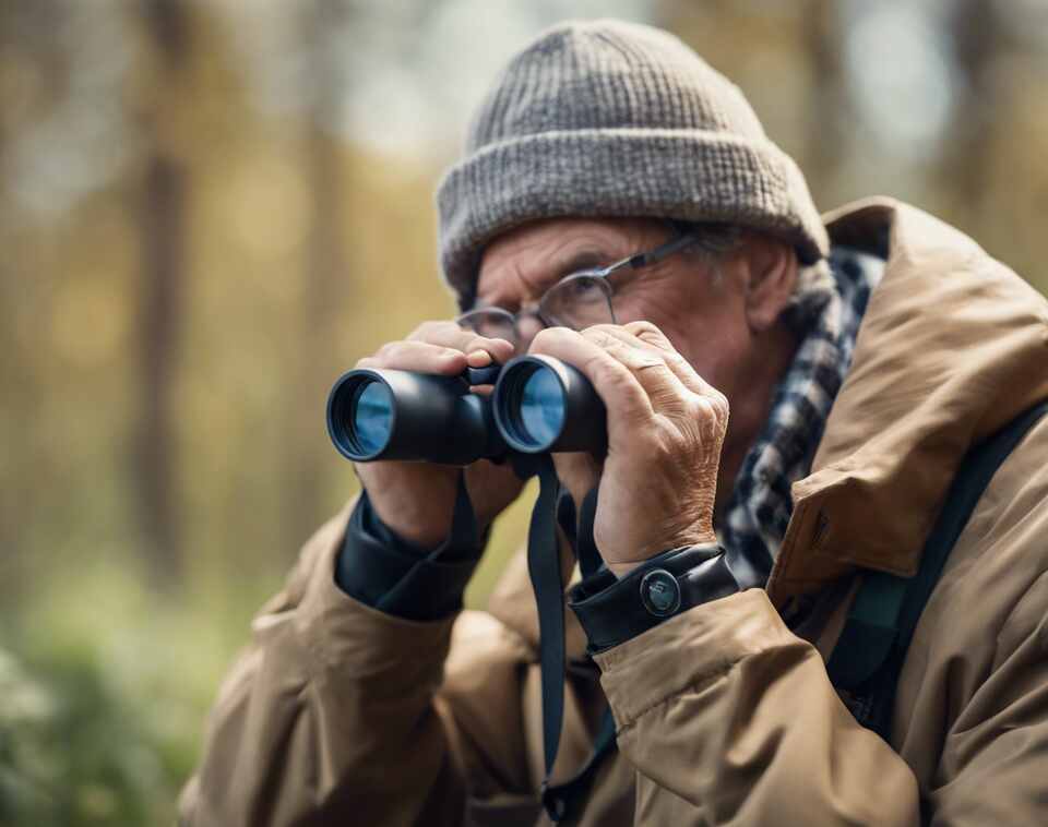 A birder watching birds with binoculars.