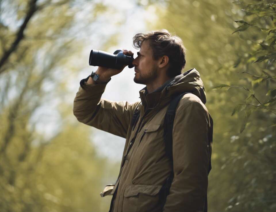 A birdwatcher watching birds in a tree with binoculars.