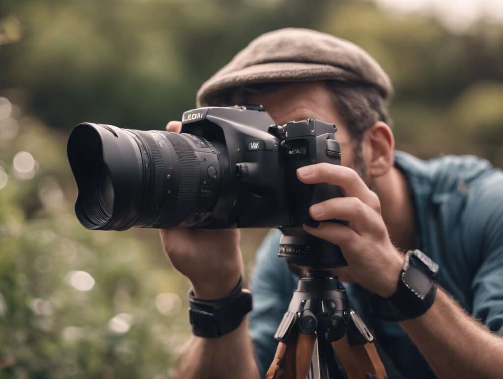 An avid birder holding a camera equipped with a powerful zoom lens.