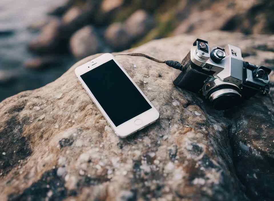 An iPhone and a camera resting on a large rock.