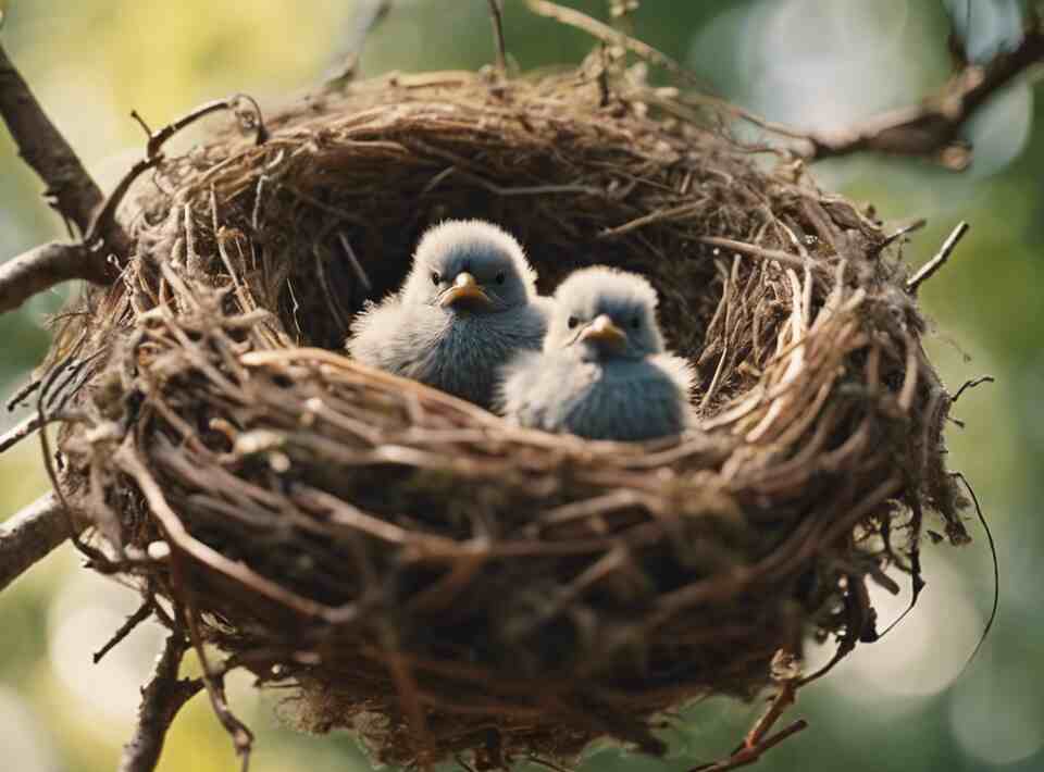 Two baby birds in a nest waiting on their parents to come back.