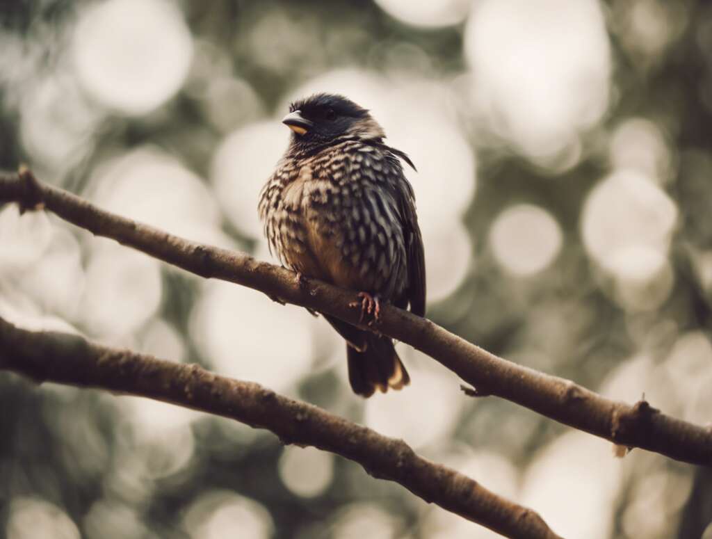 A bird perched on a tree branch making weird barking sounds.