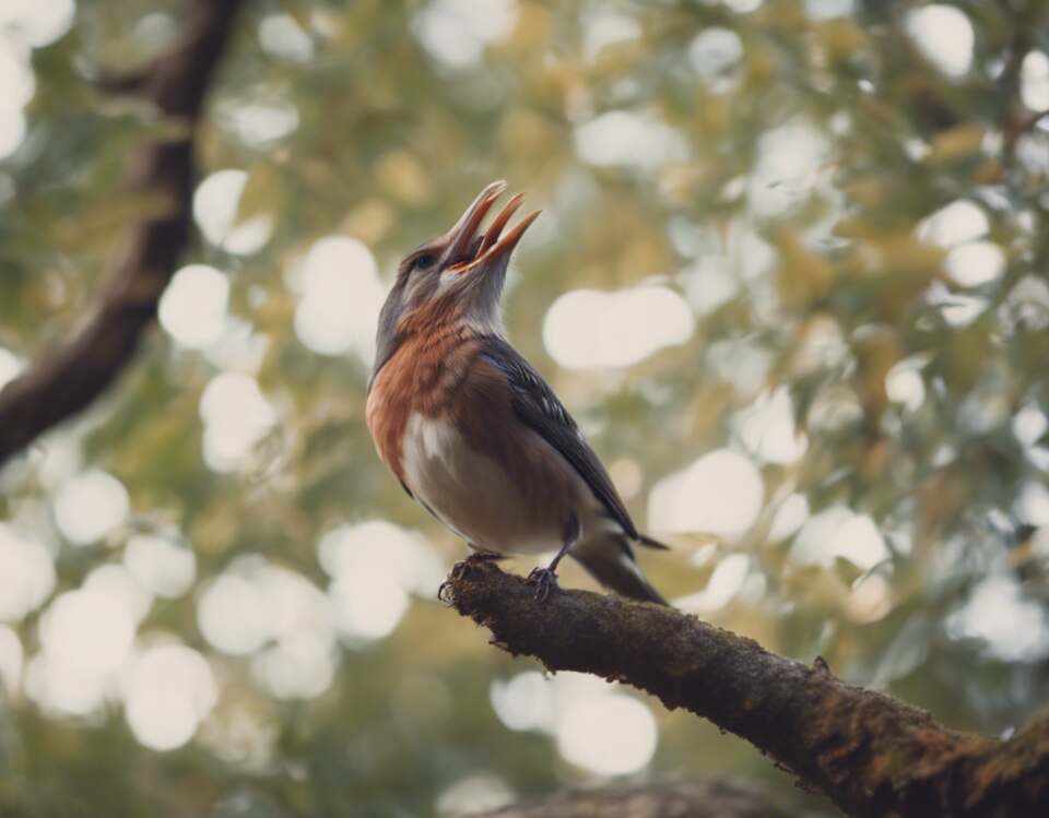 A bird perched on a tree singing away.