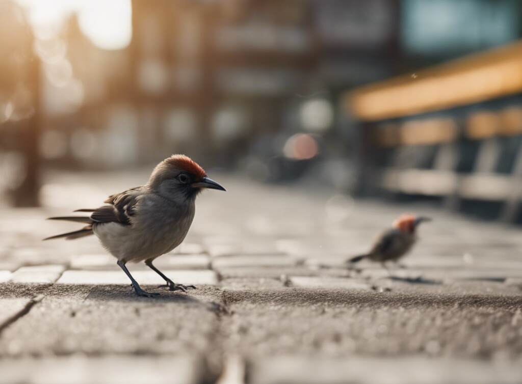 Birds foraging for food on a sidewalk.