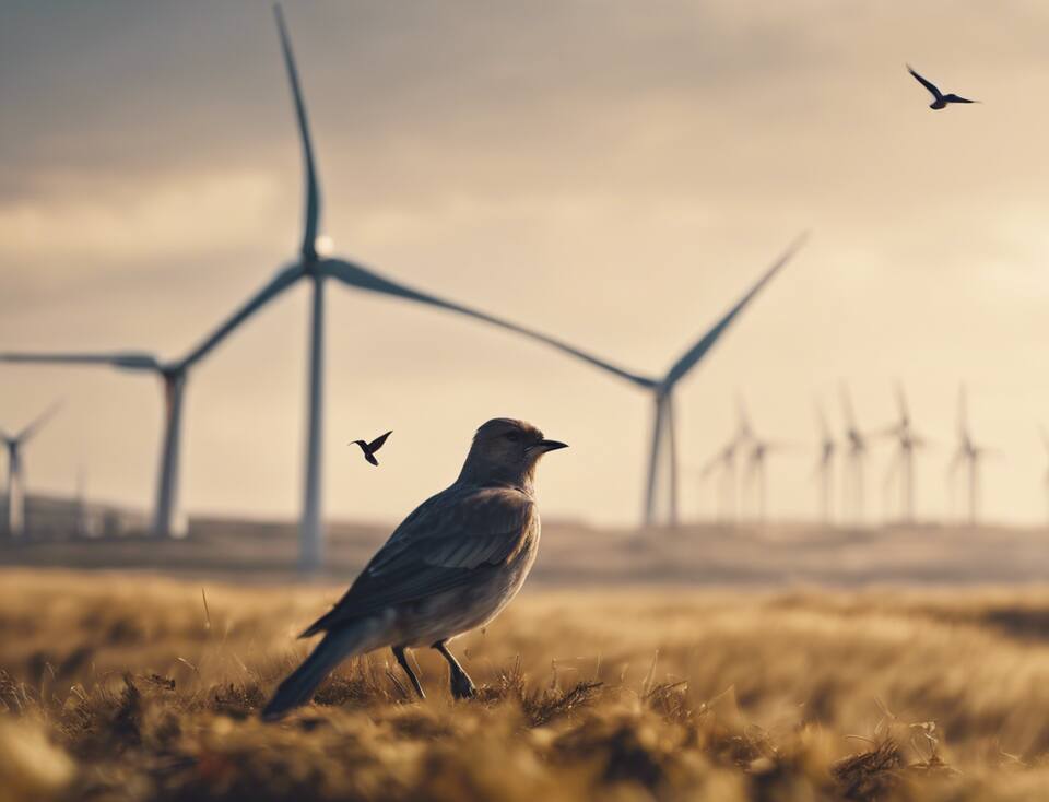 Birds flying close to wind turbines.