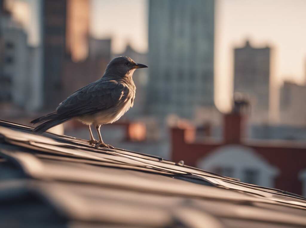 A bird by itself on a rooftop.