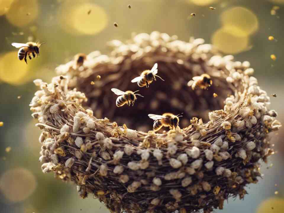 A bird's nest with bees flying around.