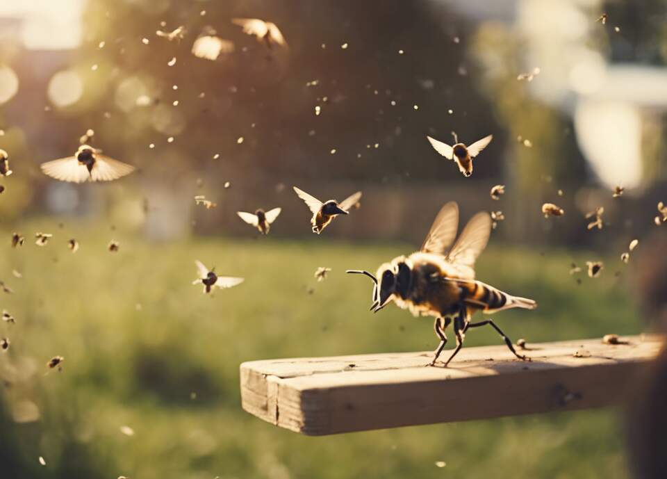 Bees and birds flying around in a yard.