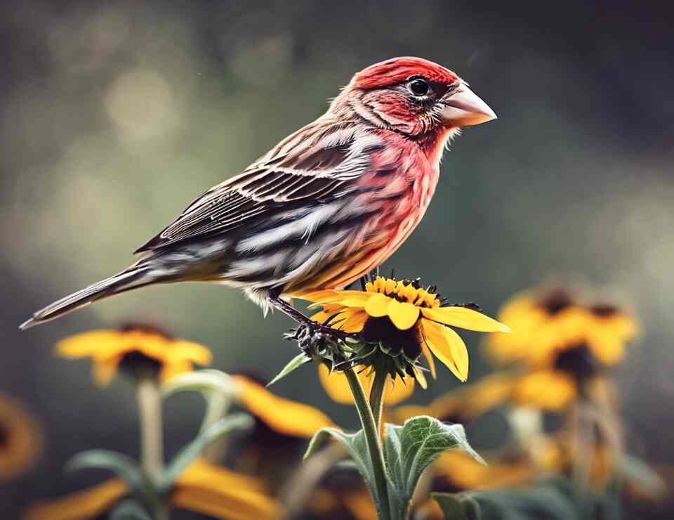 A House Finch eating seeds from a Black-eyed Susan.