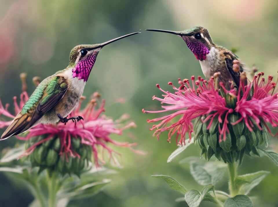 Two hummingbirds sucking nectar from a Wild Bergamot (Bee Balm) plant.