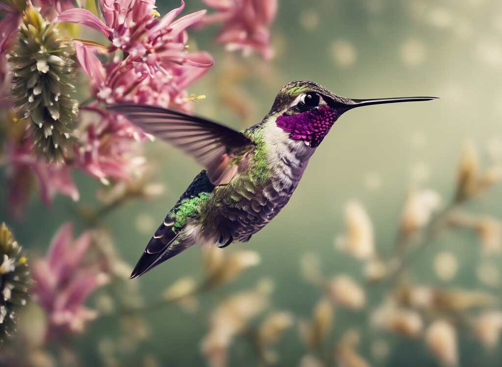 An Anna's Hummingbird gracefully soaring away from vibrant flowers.