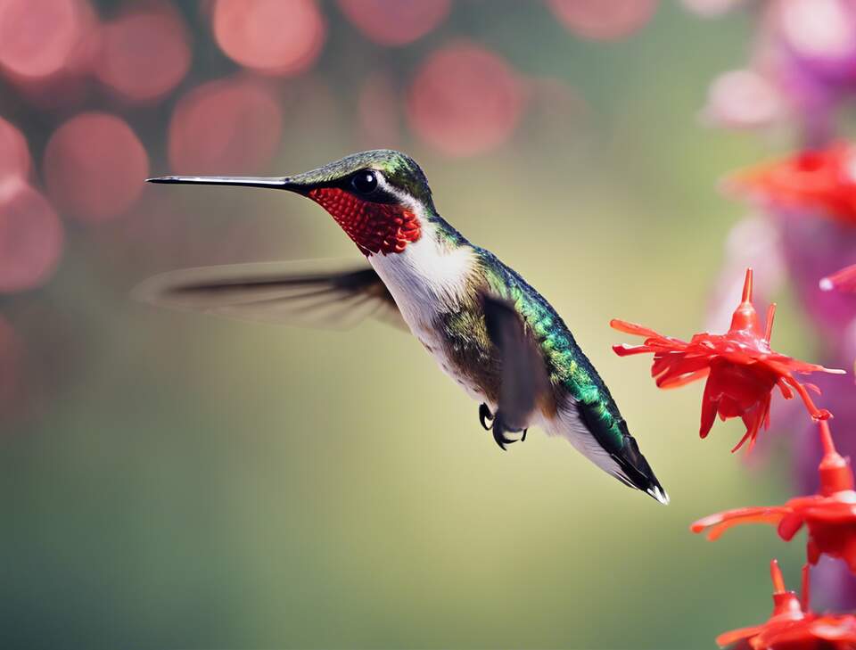 A Ruby-throated Hummingbird flying near flowers.