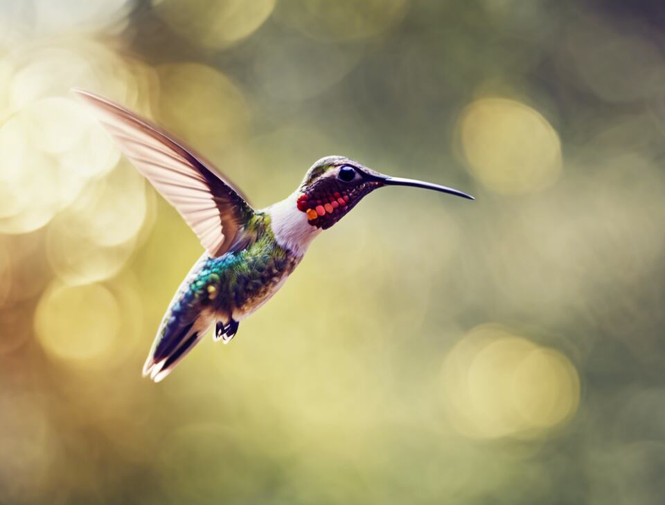 A hummingbird flying towards a flower.
