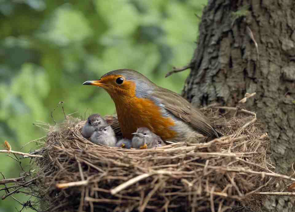 A nest of European Robins with hatchlings nestled inside.