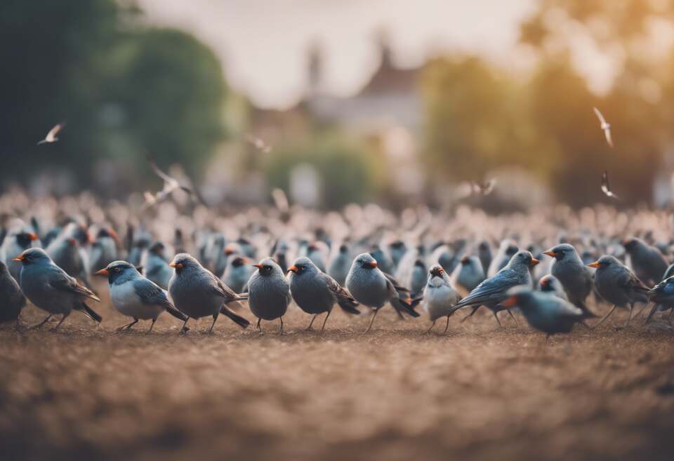 Many birds assembling in a group on the ground.