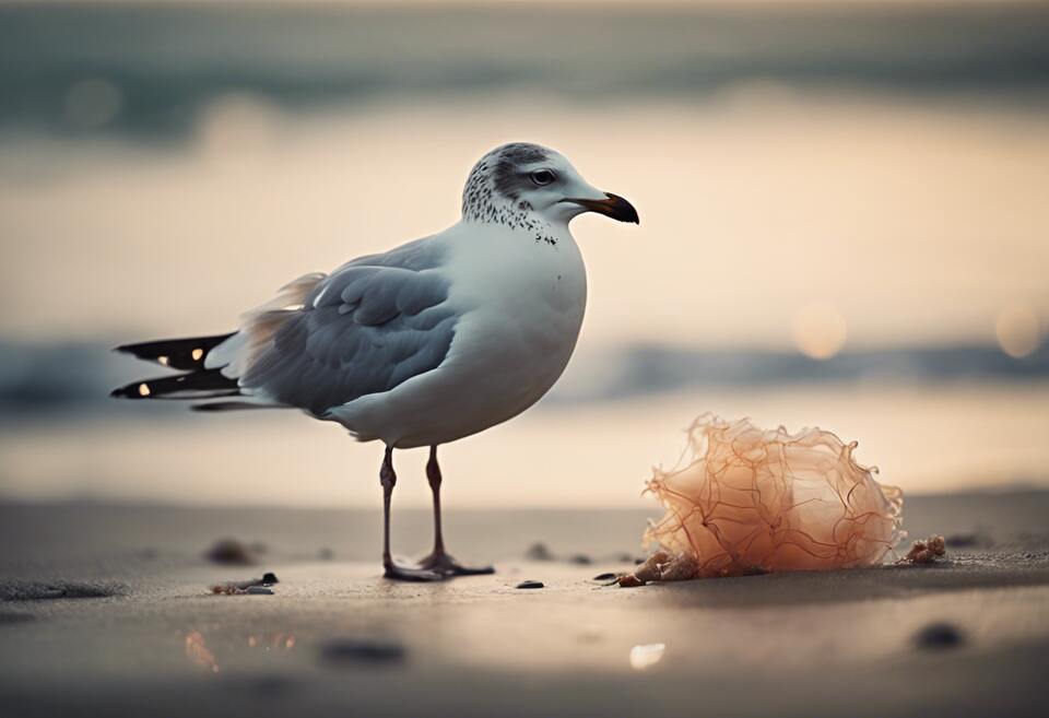 A seagull looking at a jellyfish on the beach.