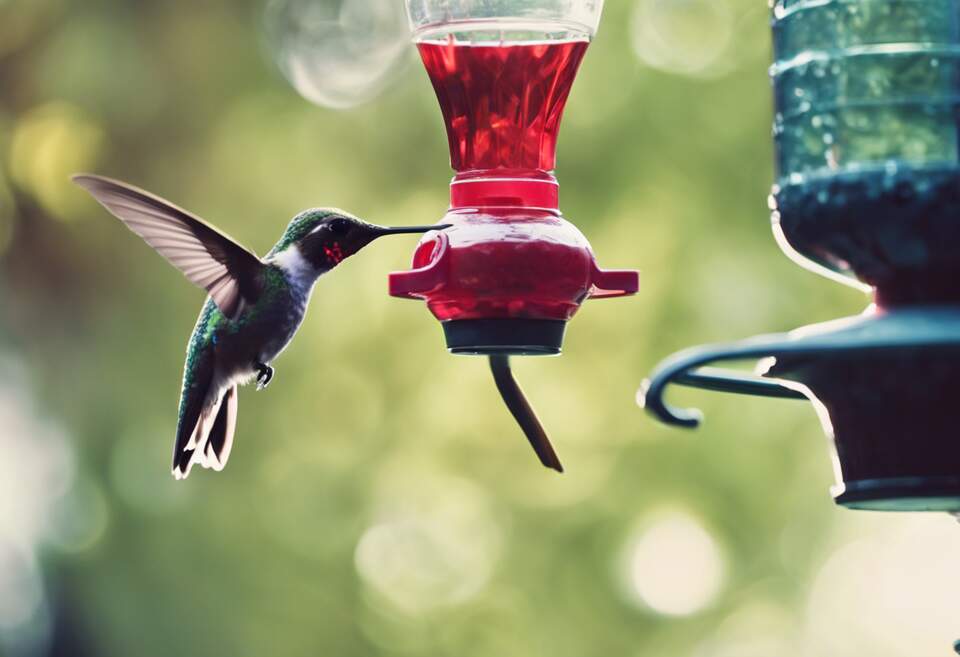 A hummingbird feeding on some homemade nectar.