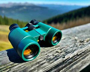 A pair of binoculars on a bench.