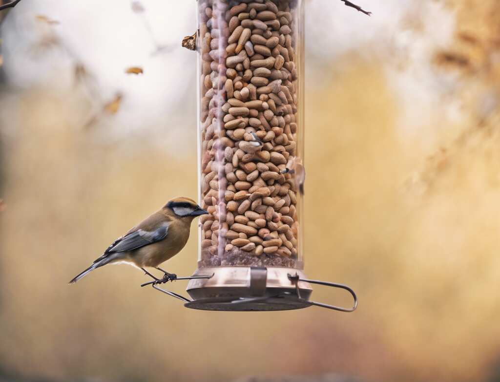 A small bird feeding at a peanut feeder.